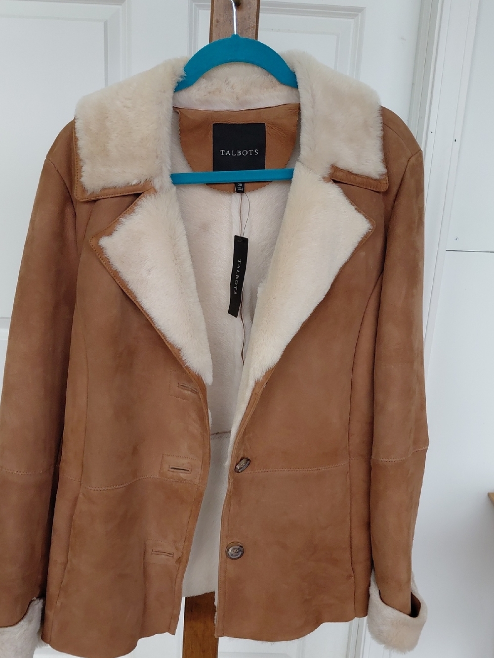 Talbots Camel Suede Jacket with Cream Shearling Trim, 100% Lambskin.